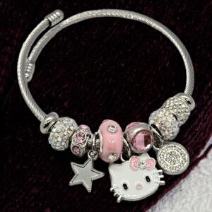 Hello Kitty Beaded Charm Bracelet Pink Rhinestone Silver Heart Bow Cat Jewelry